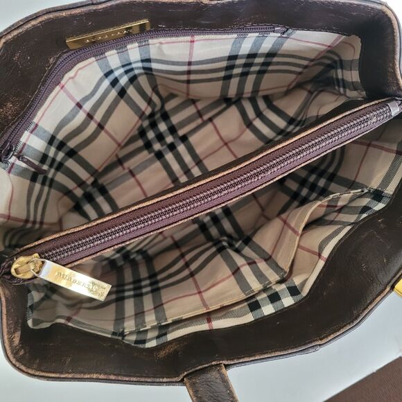 BURBERRY Tote Handbag Purse Bag Geniue Leather Medium Nova Check Lining Brown - Picture 5 of 13
